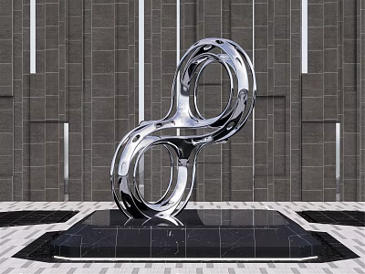 Stainless Steel Infinity Symbol Sculpture in Urban Square with Black Base 3d model