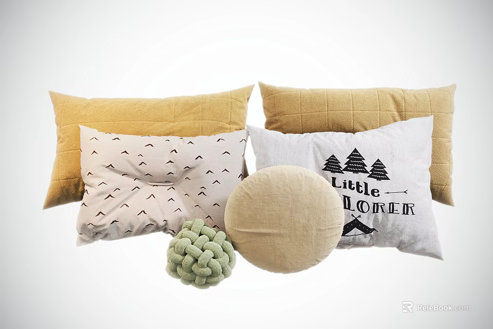 Throw Pillows with Yellow Beige White Green Tree Pattern Round Shape and Little Explorer Text 3d model 