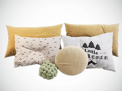 Throw Pillows with Yellow Beige White Green Tree Pattern Round Shape and Little Explorer Text 3d model
