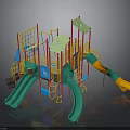 Colorful Playground Structure With Slides Climbing Nets And Canopies