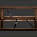 Traditional Metal Spears Placed on Wooden Display Rack with Classic Design