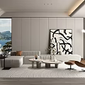 Modern Living Room Interior With Sea View Window Gray Sofa Brown Armchair And Abstract Painting