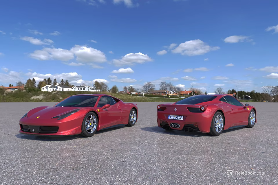 Two Red Sports Cars Outdoor Under Blue Sky With White Clouds Distant Houses And Trees 3d model 