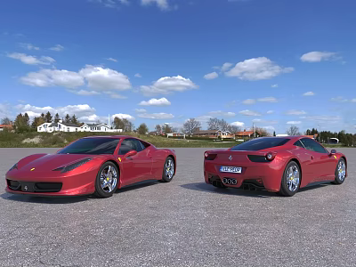 Two Red Sports Cars Outdoor Under Blue Sky With White Clouds Distant Houses And Trees 3d model