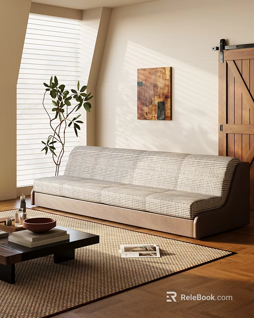 Multi Person Plaid Fabric Sofa In Room With Window Blinds Indoor Plant And Wall Art 3d model 