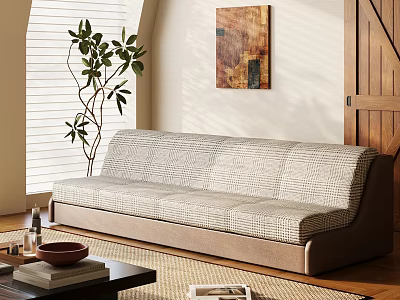 Multi Person Plaid Fabric Sofa In Room With Window Blinds Indoor Plant And Wall Art 3d model