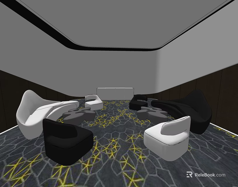 Modern Hotel Public Lounge Area With Black White Chairs And Geometric Pattern Carpet 3d model 