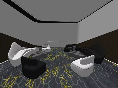 Modern Hotel Public Lounge Area With Black White Chairs And Geometric Pattern Carpet 3d model