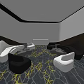 Modern Hotel Public Lounge Area With Black White Chairs And Geometric Pattern Carpet