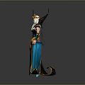 Fantasy Character In Ornate Gold And Blue Costume With Horned Headdress Long Hair