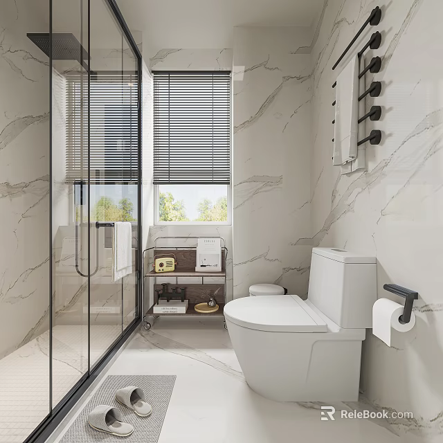 Modern Bathroom Interior With Glass Shower Enclosure Marble Walls White Toilet And Rolling Cart 3d model 