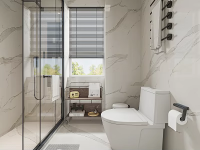Modern Bathroom Interior With Glass Shower Enclosure Marble Walls White Toilet And Rolling Cart 3d model