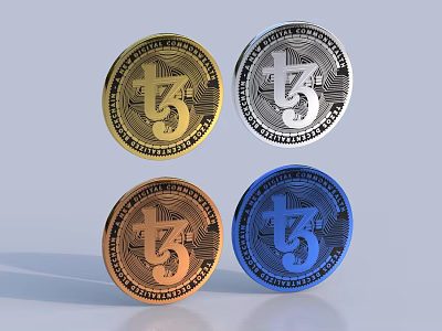 Four Colored Metallic Coin Shaped Jewelry Pendants With Engraved Symbol Design 3d model