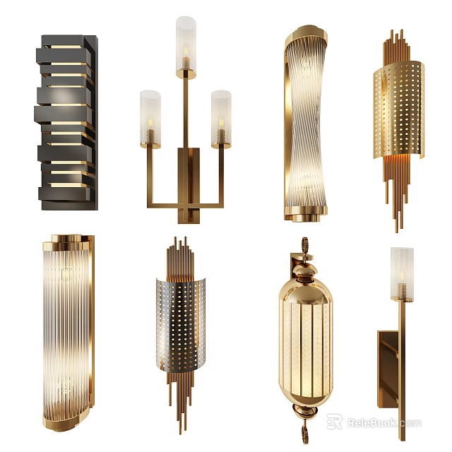 Modern Luxury Wall Lamps With Gold Metal Striped Cylindrical Shades 3d model 