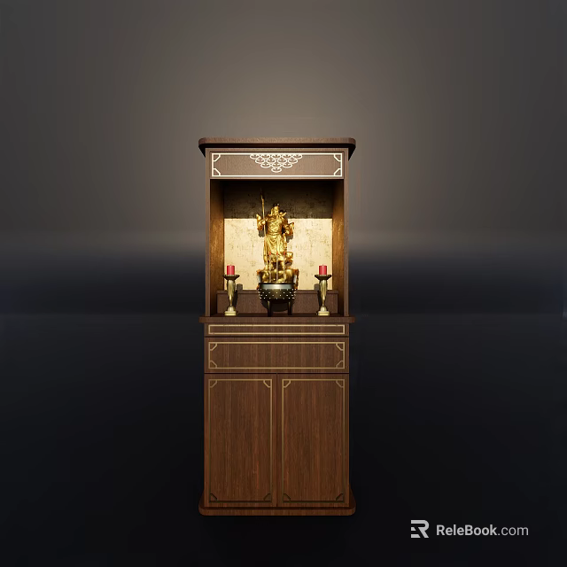 Traditional Wooden Shrine With Golden Buddha Statue Red Candles And Carvings 3d model 
