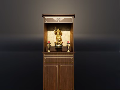 Traditional Wooden Shrine With Golden Buddha Statue Red Candles And Carvings 3d model