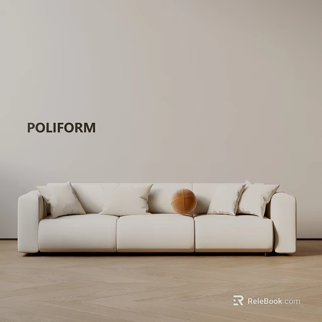 Poliform Three Seater Sofa with Light Beige Cushions and Decorative Ball on Wooden Floor 3d model 