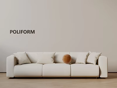 Poliform Three Seater Sofa with Light Beige Cushions and Decorative Ball on Wooden Floor 3d model