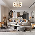 Modern Living Dining Room Open Concept With Beige Orange Sofas Round Coffee Table Chandelier Artwork 3d model