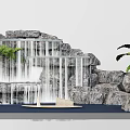 Traditional Rockery Waterfall Landscape With Pine Tree Green Plants And Flowing Water