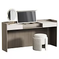 Modern Wooden Dressing Table with Open Drawer Round Mirror and Plush Stool