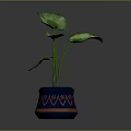 Vibrant Green Leafy Plant in Blue Pot with Orange Decorative Patterns