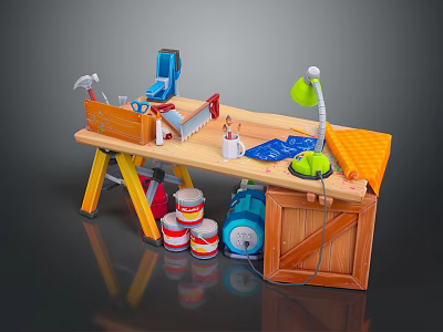 Functional Workbench with Tools Green Lamp Paint Cans Wooden Crate and Blue Mat 3d model
