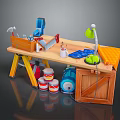 Functional Workbench with Tools Green Lamp Paint Cans Wooden Crate and Blue Mat