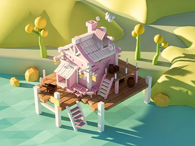 Cartoon Scene Featuring Pink Cottage On Wooden Water Platform With Yellow Trees And Green Hills 3d model