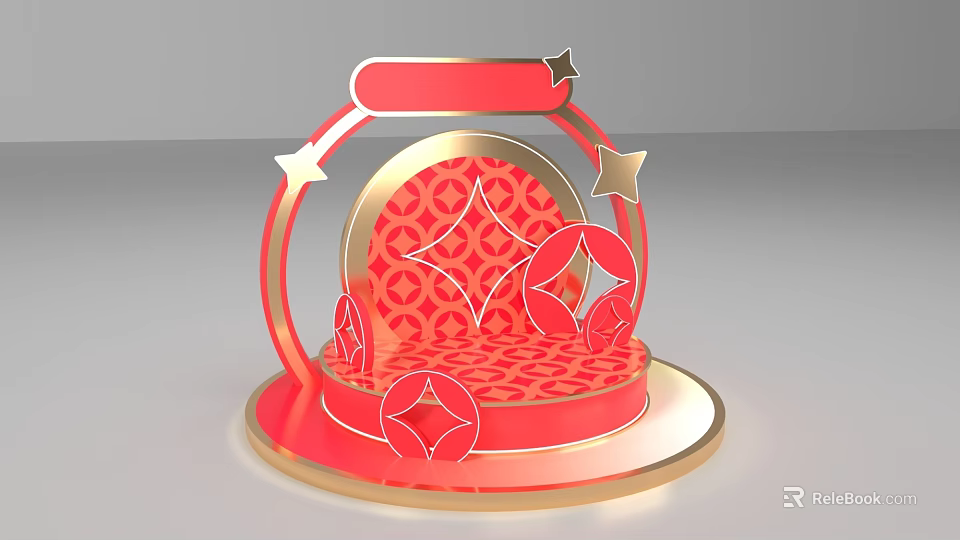 Red Gold Decorative Photo Check In Spot With Circular Base Star Accents Geometric Patterns 3d model 