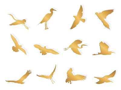 Flying Animals Golden Silhouettes of Various Bird Species in Different Poses 3d model
