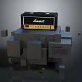 Modern Computer Workstation With Marshall Amplifier On Gray Geometric Block Structure 3d model