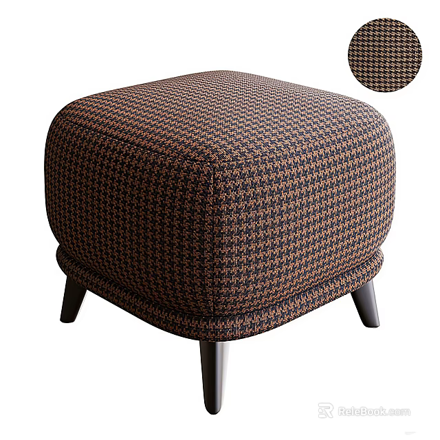 Stylish Round Brown Black Houndstooth Pattern Upholstered Ottoman with Dark Legs 3d model 