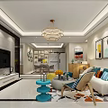 Modern Living Dining Room Interior Design With Chandelier Dining Table And Hexagonal Wall Art