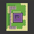 Cartoon Pixel Art Scene Featuring Purple Roof Building Green Grass Pathways And Small Characters