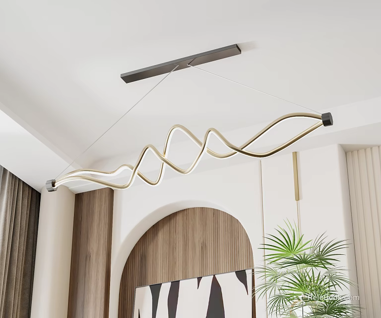 Modern Curved Chandelier in Contemporary Interior with Arched Wooden Door and Potted Plant 3d model 