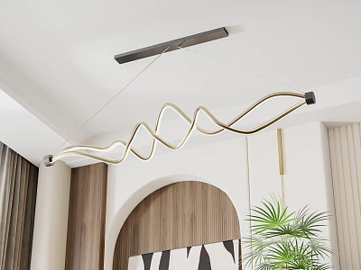 Modern Curved Chandelier in Contemporary Interior with Arched Wooden Door and Potted Plant 3d model