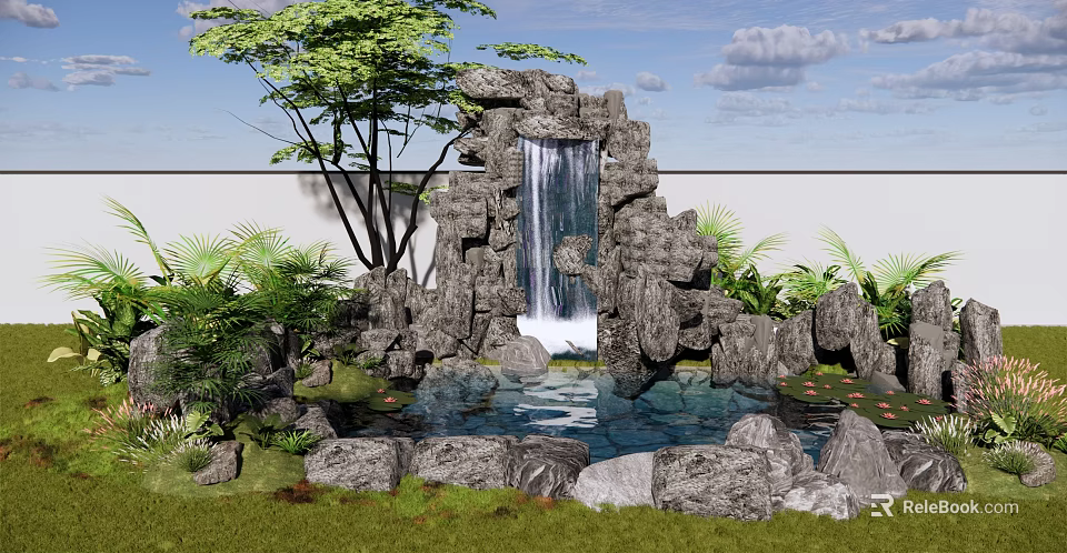 Natural Garden Ornament With Rockery Waterfall Lush Green Plants Trees And Pond 3d model 