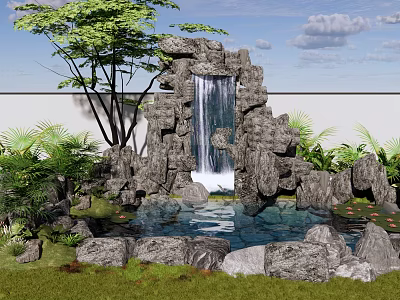 Natural Garden Ornament With Rockery Waterfall Lush Green Plants Trees And Pond 3d model