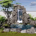 Natural Garden Ornament With Rockery Waterfall Lush Green Plants Trees And Pond