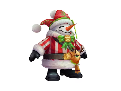 Christmas Themed Snowman In Red White Striped Outfit With Green Bow And Reindeer Toy 3d model