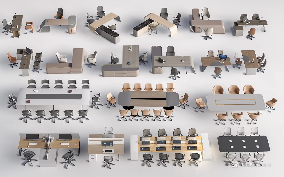 Diverse Modern Office Desks With Ergonomic Chairs Wooden Surfaces And Storage 3d model 