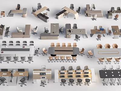 Diverse Modern Office Desks With Ergonomic Chairs Wooden Surfaces And Storage 3d model