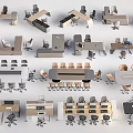 Diverse Modern Office Desks With Ergonomic Chairs Wooden Surfaces And Storage