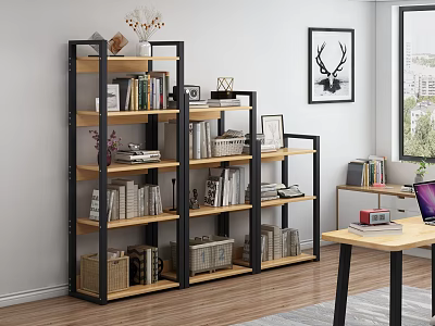Home Interior Shelving Unit With Black Metal Frame Wooden Shelves Books Decorative Items And Baskets 3d model