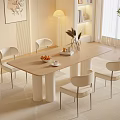 Modern Beige Dining Table Set With White Chairs Fruit Bowl Coffee Cup And Floor Lamp