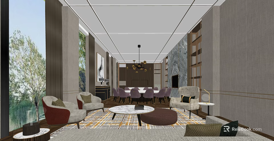 Luxurious Private Room Interior Design With Round Dining Table Sofa Set Chandelier And Patterned Rug 3d model