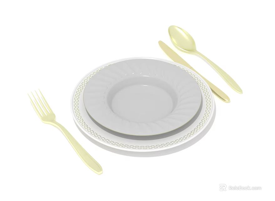 Simple White Tableware Set With Stacked Plates Fork Knife And Spoon 3d model 