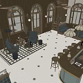Cozy Restaurant Interior With Wooden Ceiling Pendant Lamps Arched Windows Booth Seating And Bar Counter