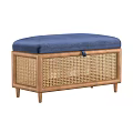 Stylish Storage Ottoman Bench With Navy Blue Cushion Wooden Frame And Rattan Weave Design